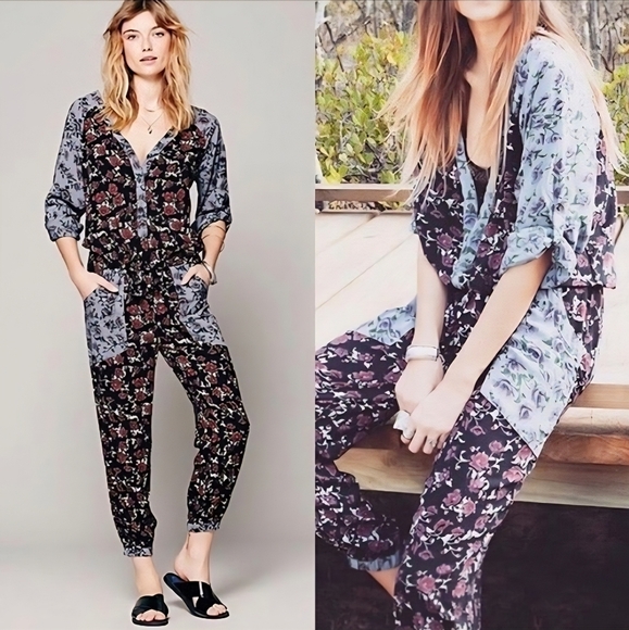 Free People Floral Jumpsuit - Black, Purple, Blue - Picture 2 of 2